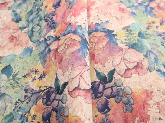 REMNANT/OFFCUT - Cork Fabric 13.5" x 18.5" - Floral Watercolor