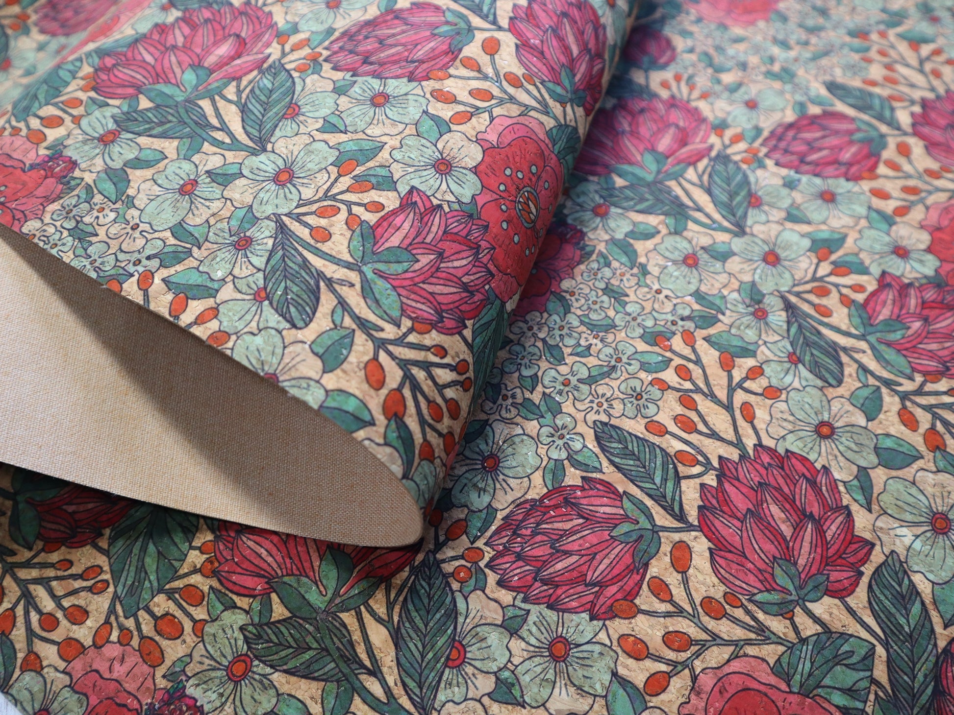 REMNANT/OFFCUT - Cork Fabric 18" x 25.5" - Summer Bloom
