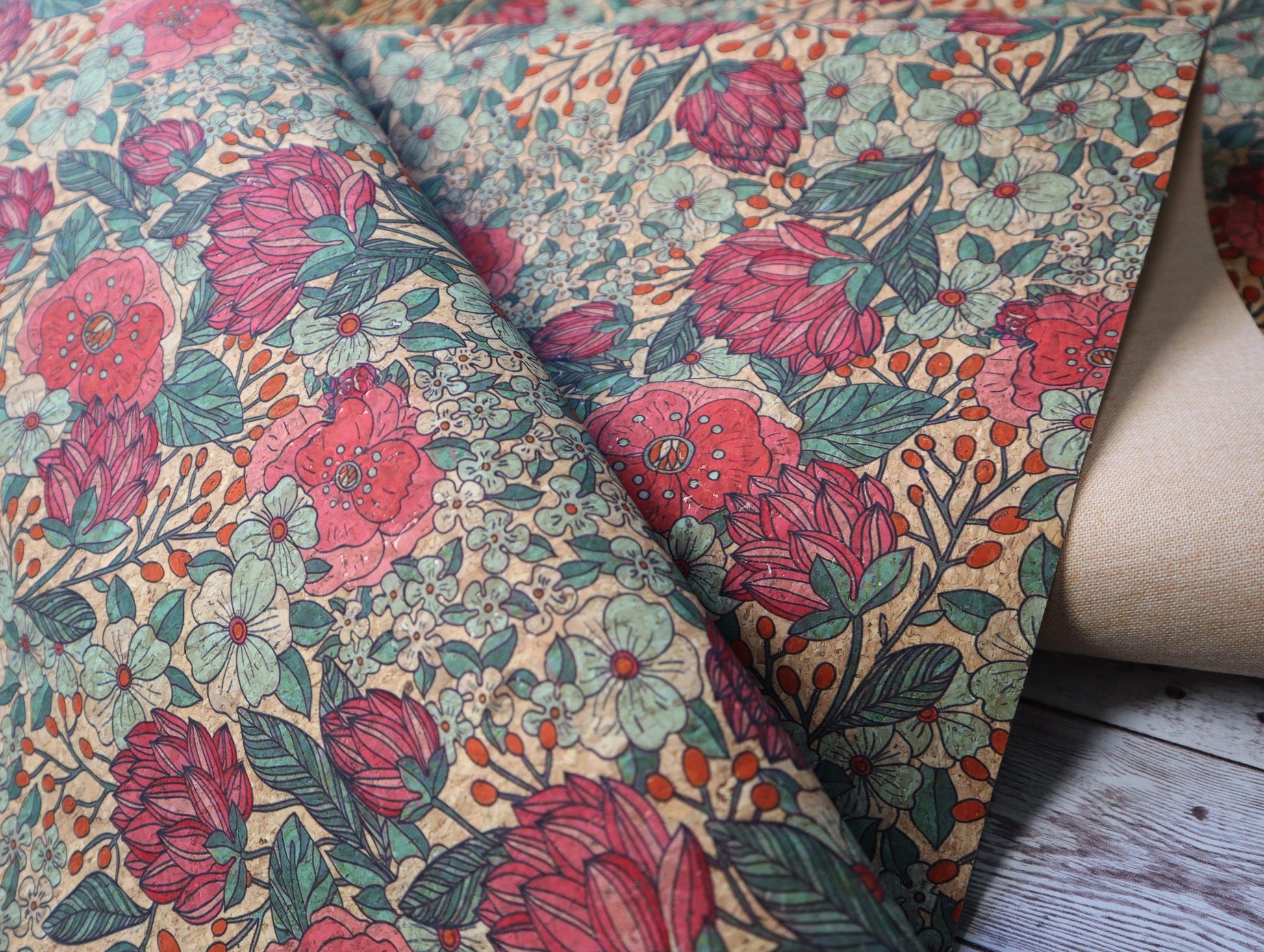 REMNANT/OFFCUT - Cork Fabric 18" x 25.5" - Summer Bloom