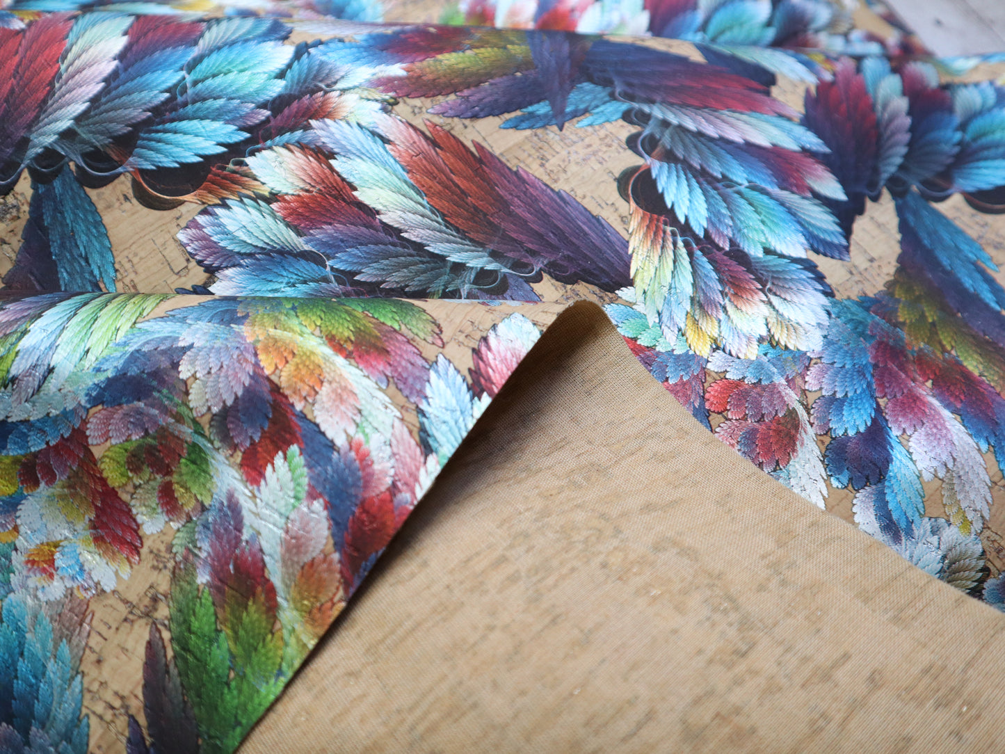 REMNANT/OFFCUT - LITE Cork Fabric 15" x 55" - Shimmer Feathers