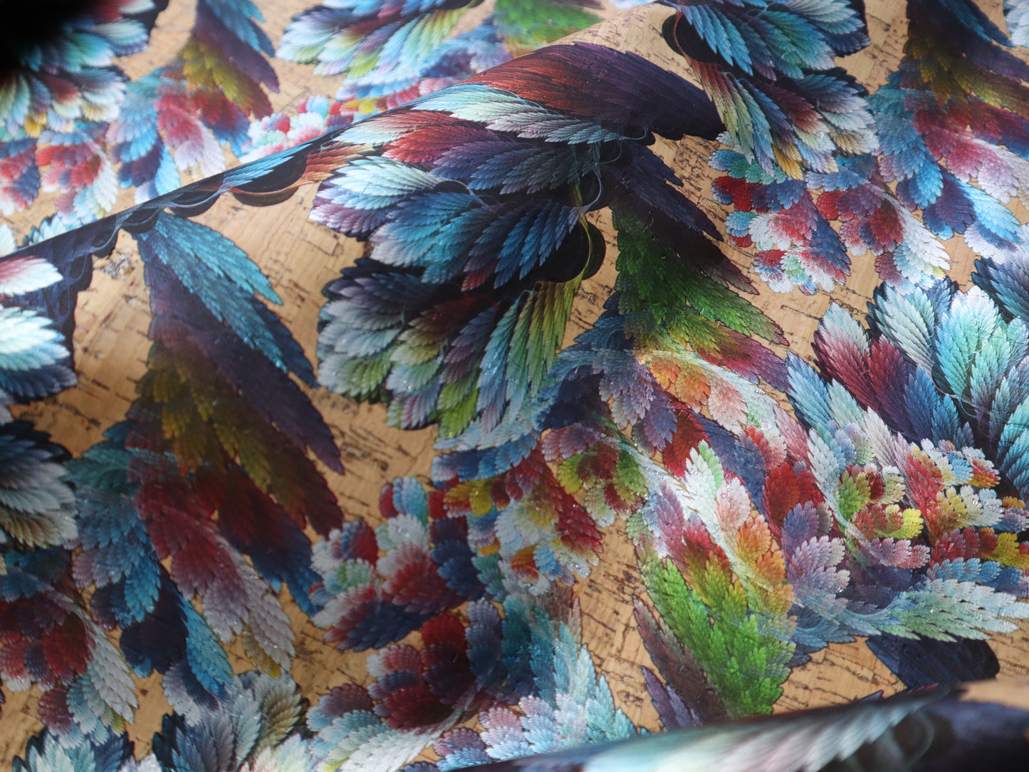 REMNANT/OFFCUT - LITE Cork Fabric 15" x 55" - Shimmer Feathers