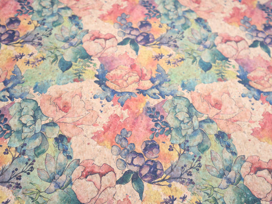 REMNANT/OFFCUT - Cork Fabric 18" x 26" - Floral Watercolor