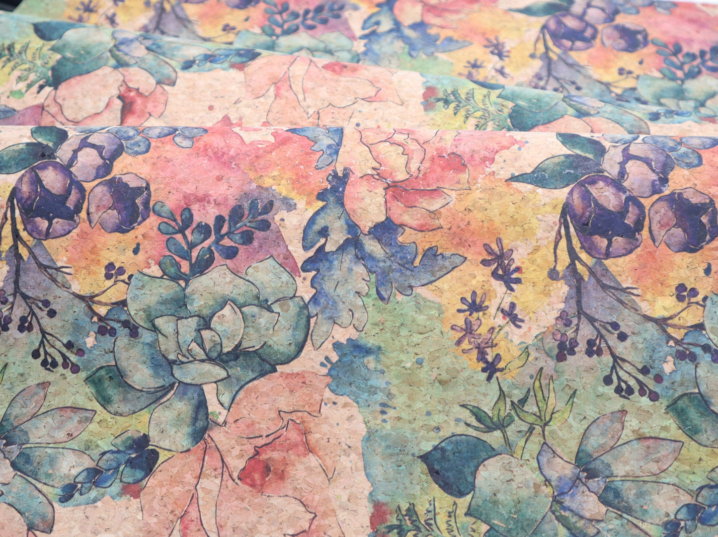 Cork Fabric Sheet - Floral Watercolor