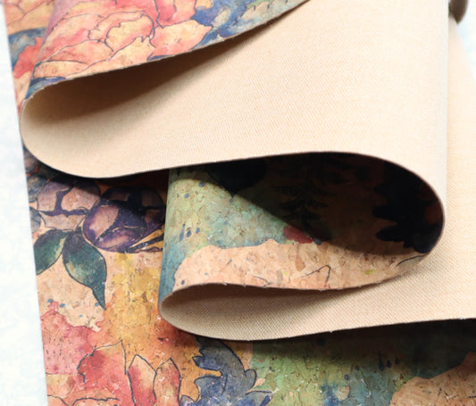 REMNANT/OFFCUT - Cork Fabric 13.5" x 18.5" - Floral Watercolor