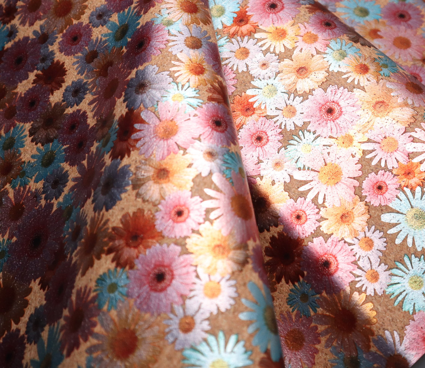 REMNANT/OFFCUT - LITE Cork Fabric 18" x 35" - Foil Daisies