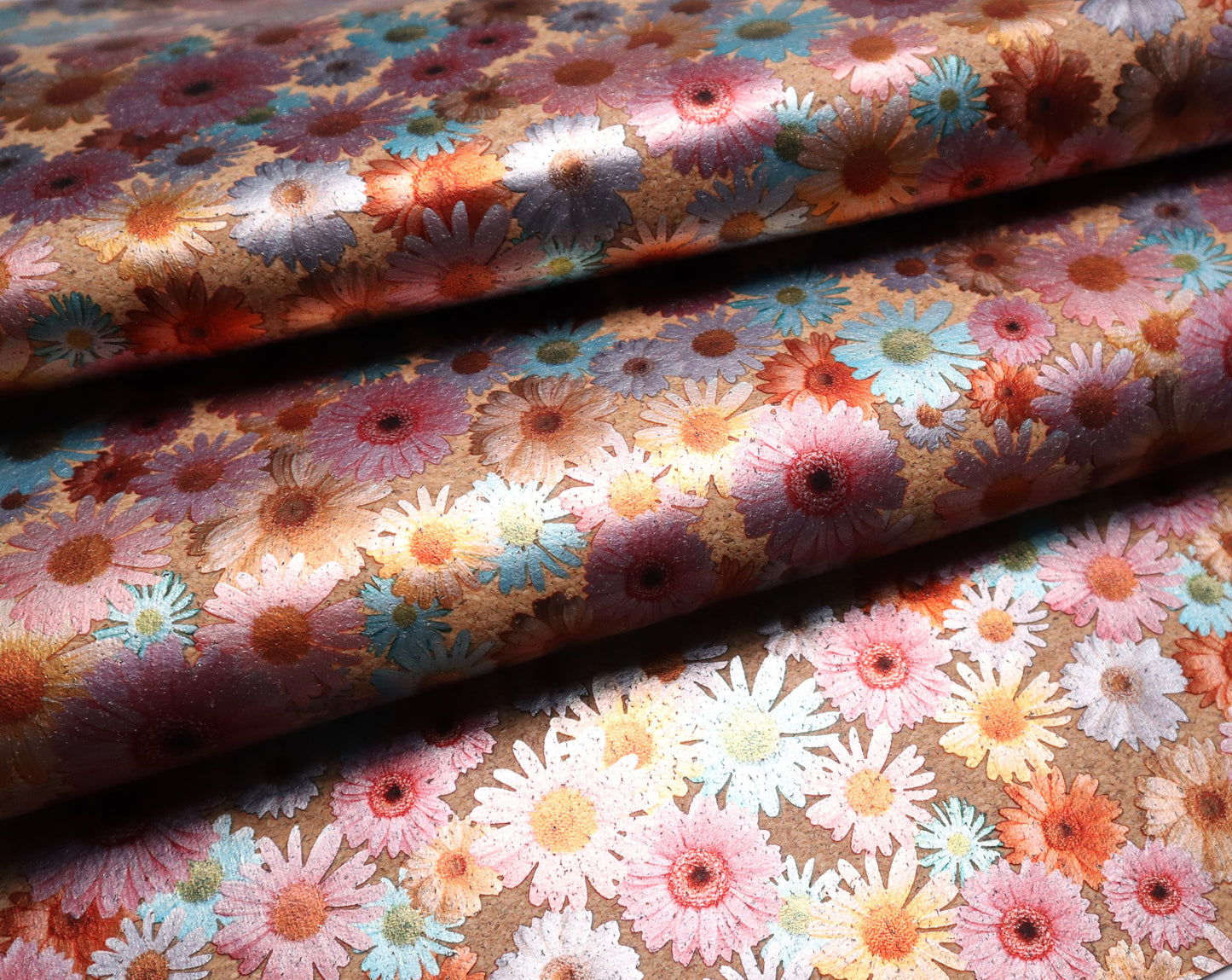 REMNANT/OFFCUT - LITE Cork Fabric 18" x 35" - Foil Daisies