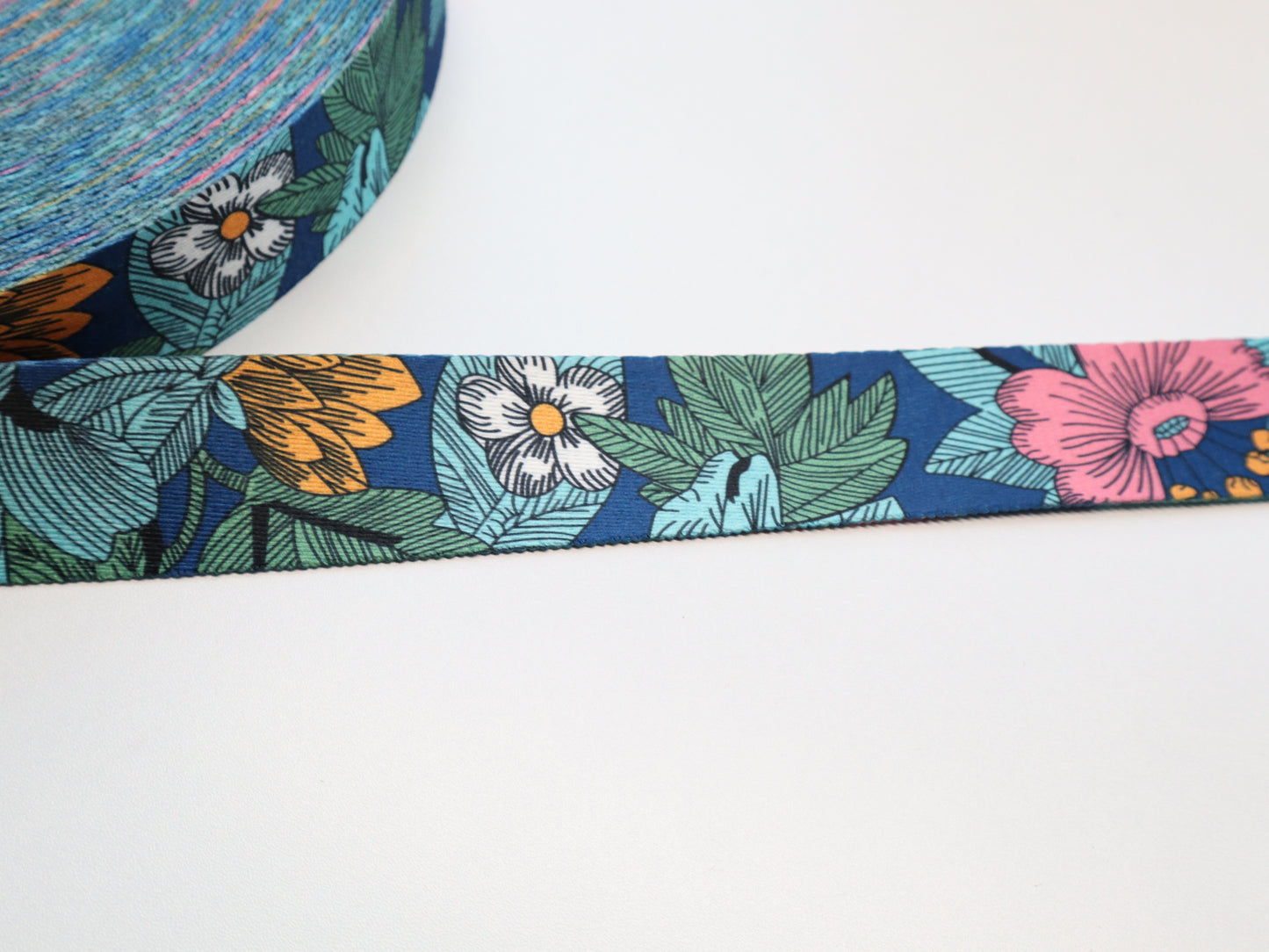 1.5" Webbing By the Yard - Floral Blue & Green