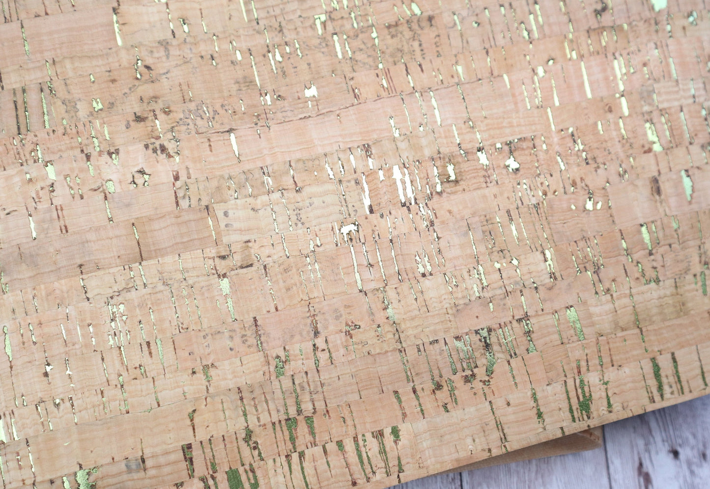 Cork Fabric Sheet- Natural with Green Metallic