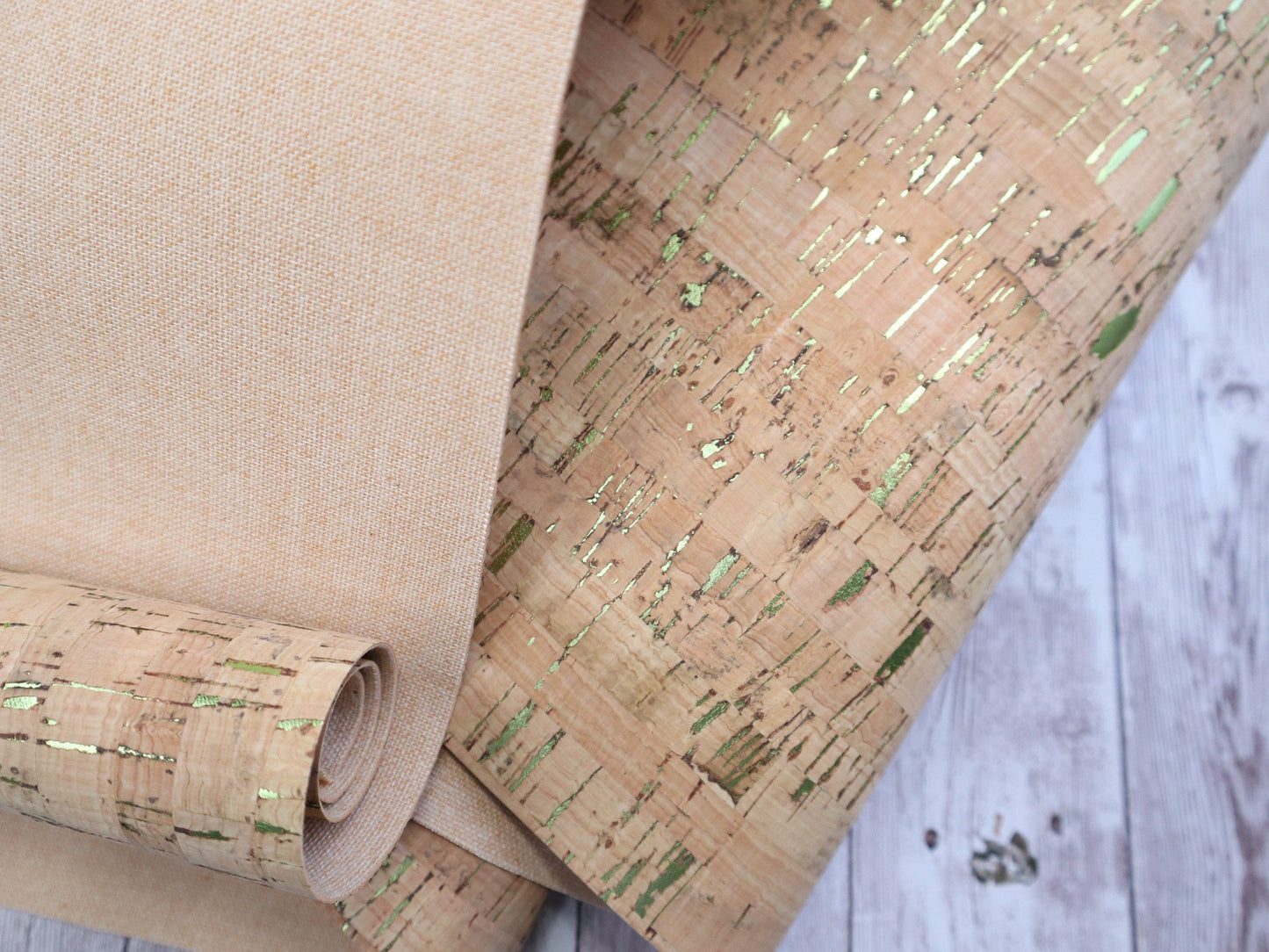 Cork Fabric Sheet- Natural with Green Metallic